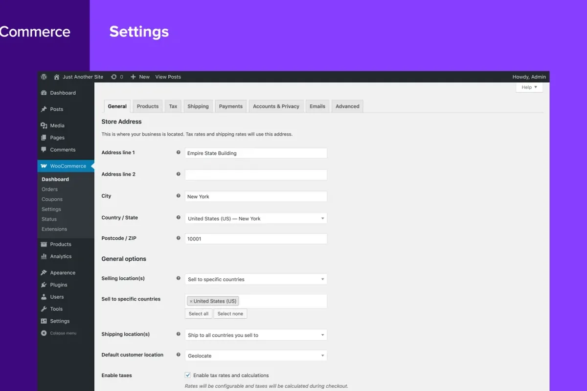 Zrzut ekranu ustawień ogólnych wtyczki WooCommerce w panelu WordPress