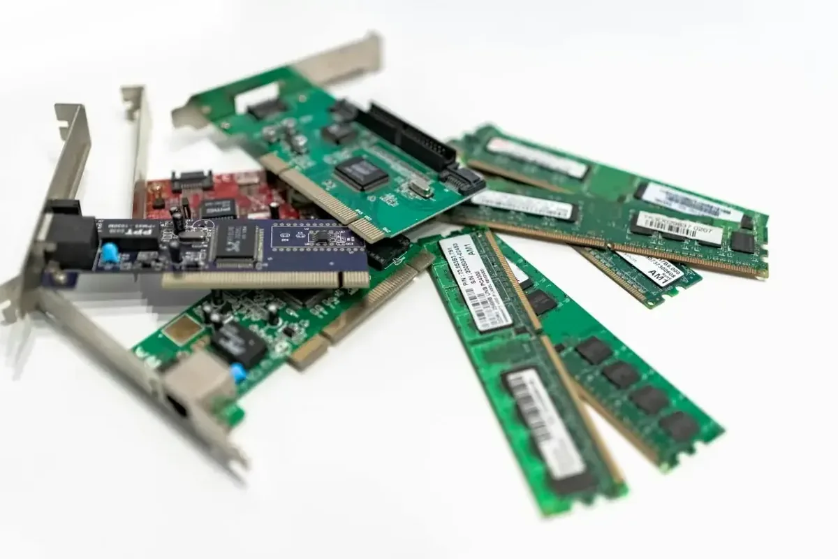 stare karty rozszerzeń PCI i moduły pamięci RAM ułożone na białym tle