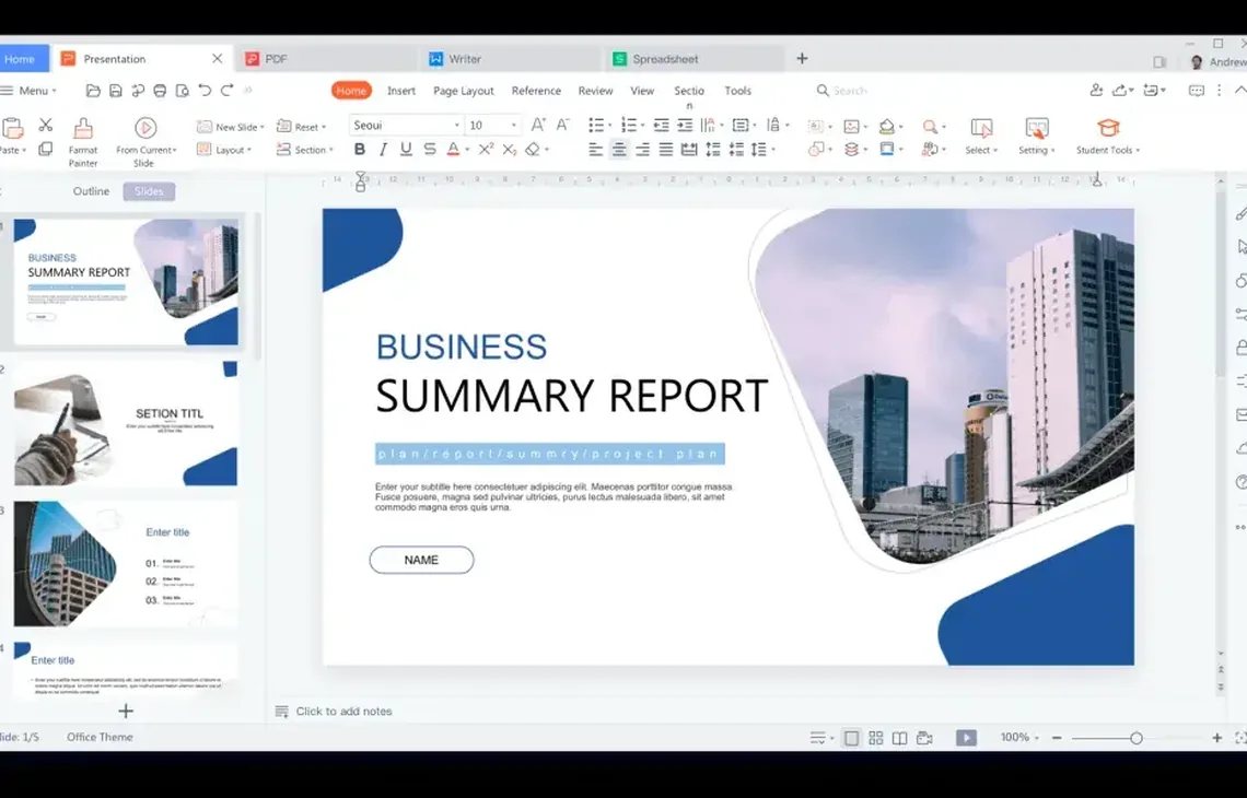 WPS Presentation – slajd Business Summary Report, aktywna karta prezentacji, nie edytor Writer