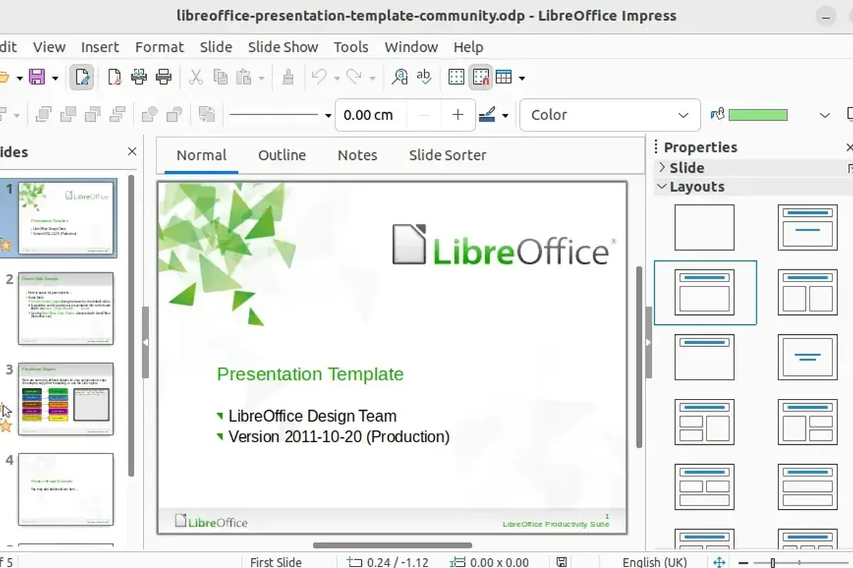 Zrzut ekranu programu LibreOffice Impress z szablonem prezentacji