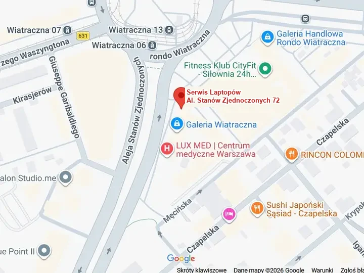 Mapa dojazdu do punktu przy Al. Stanów Zjednoczonych 72, Rondo Wiatraczna w Warszawie